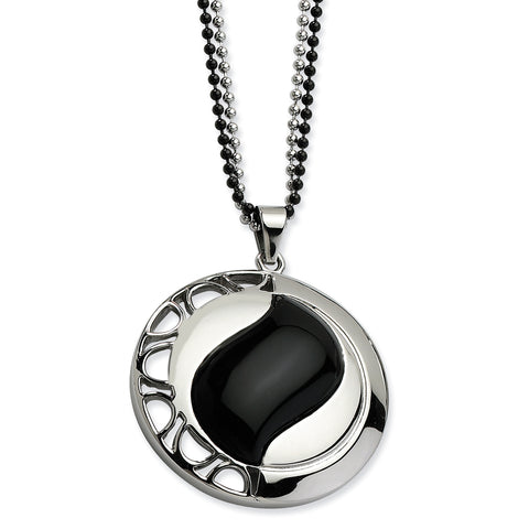 Stainless Steel Polished & Black Onyx Pendant 24in Necklace SRN647 - shirin-diamonds