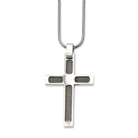 Stainless Steel Wire & Polished Cross Pendant Necklace SRN739 - shirin-diamonds