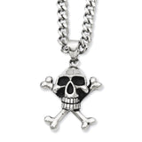 Stainless Steel Antiqued Skull & Crossbones Pendant 24in Necklace SRN800 - shirin-diamonds