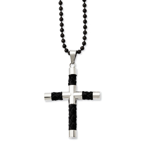 Stainless Steel Black Leather & Polished Black IP-plated Cross  Necklace SRN835 - shirin-diamonds