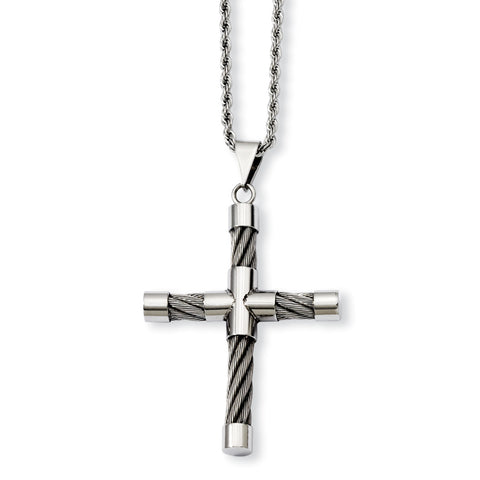 Stainless Steel Polished & Wire Cross Pendant Necklace SRN836 - shirin-diamonds