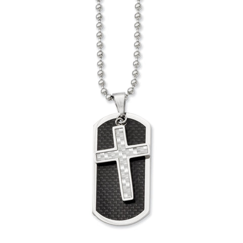 Stainless Steel Polished Blk/Grey Carbon Fiber Inlay Cross/DogTag Necklace SRN840 - shirin-diamonds