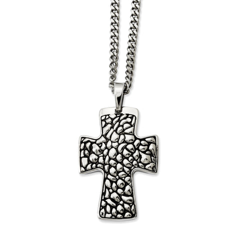 Stainless Steel Black Enamel Pebble Textured Cross Pendant Necklace SRN868 - shirin-diamonds