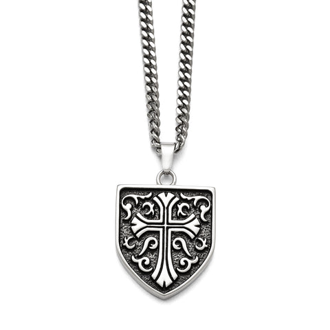 Stainless Steel Antiqued Cross Shield Pendant Necklace SRN873 - shirin-diamonds