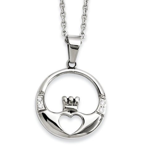 Stainless Steel Claddagh with CZs Pendant Necklace SRN886 - shirin-diamonds