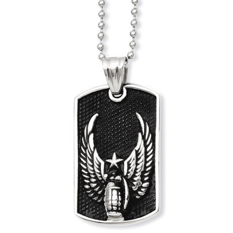 Stainless Steel Antiqued Wings Dog Tag Pendant Necklace SRN923 - shirin-diamonds