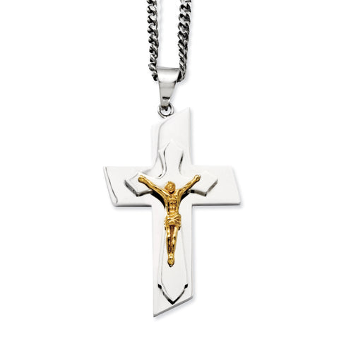 Stainless Steel Polished & Yellow IP-plated Crucifix Necklace SRN940 - shirin-diamonds