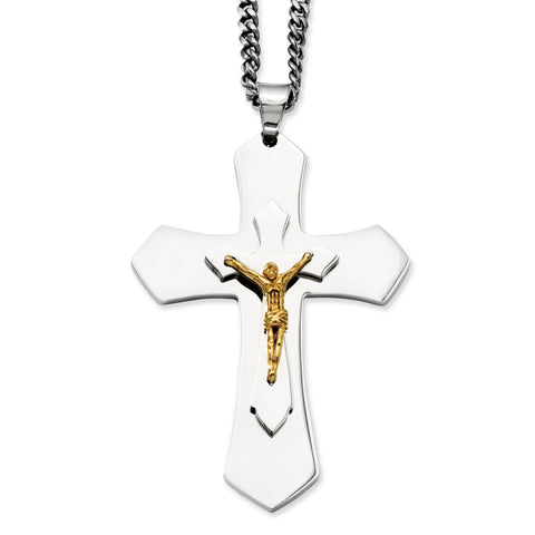 Stainless Steel Polished & Yellow IP-plated Crucifix Necklace SRN943 - shirin-diamonds