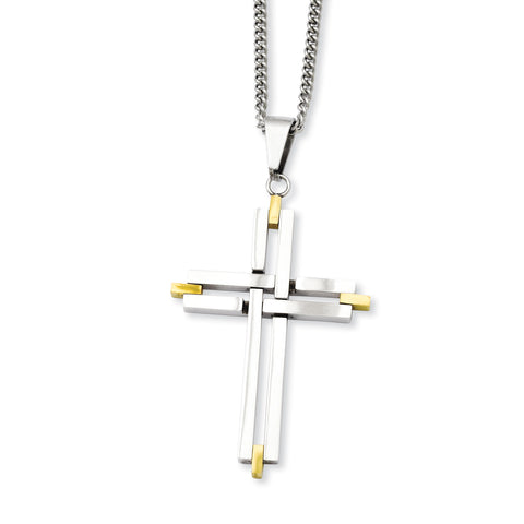 Stainless Steel Polished & Yellow IP-plated Cross Necklace SRN944 - shirin-diamonds