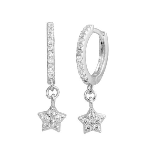 Sterling Silver 925 Rhodium Plated Dangling CZ Star Huggie Earrings - STE01213 - shirin-diamonds