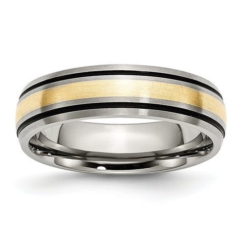 Titanium Grooved 14k Yellow Inlay 6mm Brushed and Antiqued Band - shirin-diamonds