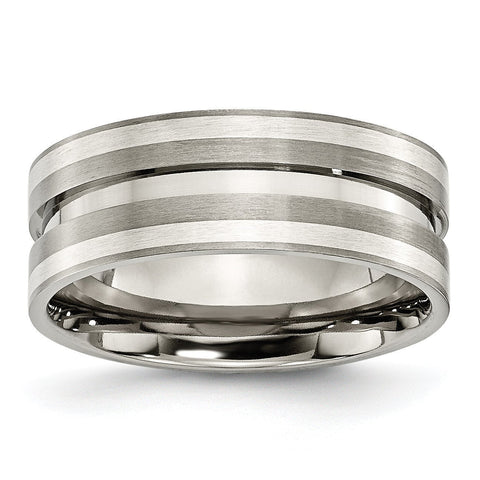 Titanium Grooved Sterling Silver Inlay 8mm Brushed Band TB215 - shirin-diamonds