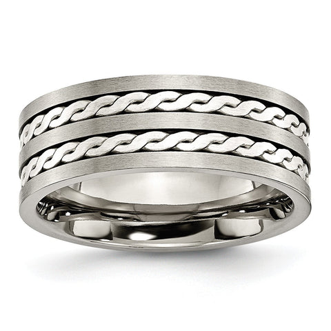 Titanium Sterling Silver Briaded Inlay 8mm Brushed and Antiqued Band TB216 - shirin-diamonds