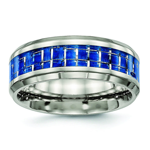 Titanium Polished Blue/White Carbon Fiber Inlay Ring TB465 - shirin-diamonds