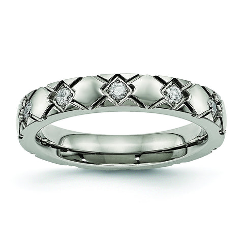 Titanium Polished Criss Cross Grooved CZ Ring TB485 - shirin-diamonds
