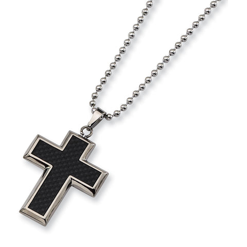 Titanium Polished w/Black Carbon Fiber Inlay Cross 22in Necklace TBN113 - shirin-diamonds