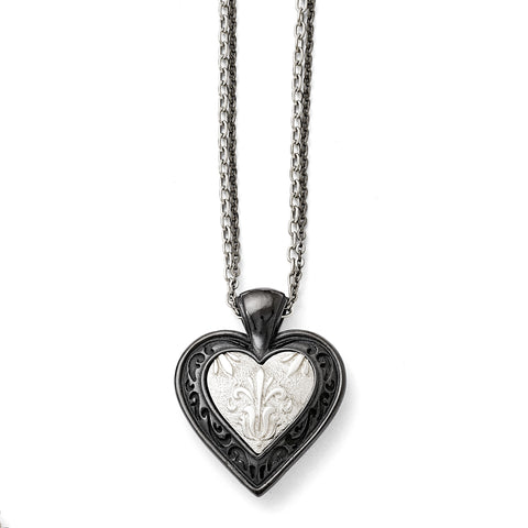 Titanium/Ster.Sil Black Ti Polished Etched Heart w/2 Chain Necklace TBN168 - shirin-diamonds