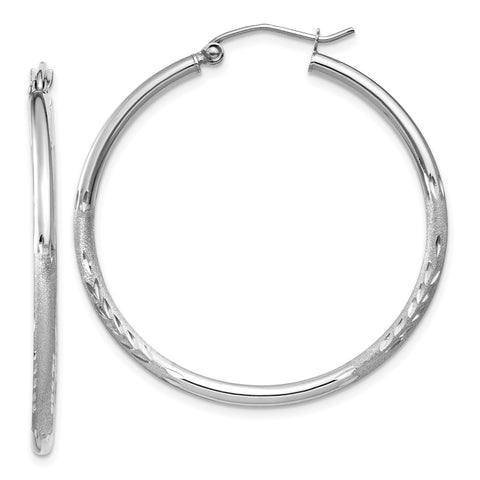 14k White Gold Satin & Diamond-cut 2mm Round Hoop Earrings TC195 - shirin-diamonds