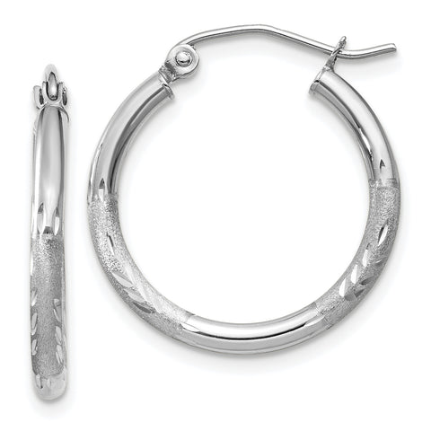 14k White Gold Satin & Diamond-cut 2mm Round Hoop Earrings TC198 - shirin-diamonds