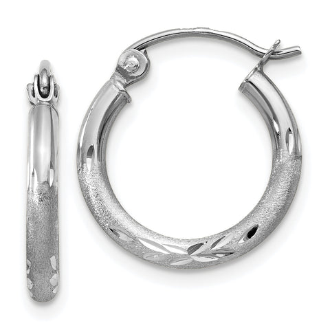 14k White Gold Satin & Diamond-cut 2mm Round Hoop Earrings TC199 - shirin-diamonds