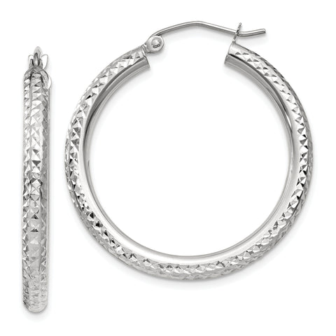 14k White Gold Diamond-cut 3mm Round Hoop Earrings TC252 - shirin-diamonds