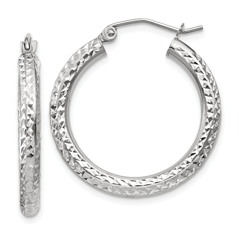 14k White Gold Diamond-cut 3mm Round Hoop Earrings TC253 - shirin-diamonds