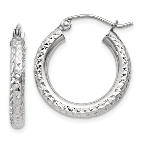 14k White Gold Diamond-cut 3mm Round Hoop Earrings TC254 - shirin-diamonds