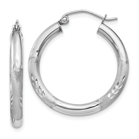 14k White Gold Satin & Diamond-cut 3mm Round Hoop Earrings TC277 - shirin-diamonds