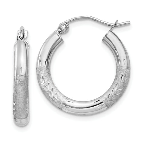 14k White Gold Satin & Diamond-cut 3mm Round Hoop Earrings TC278 - shirin-diamonds