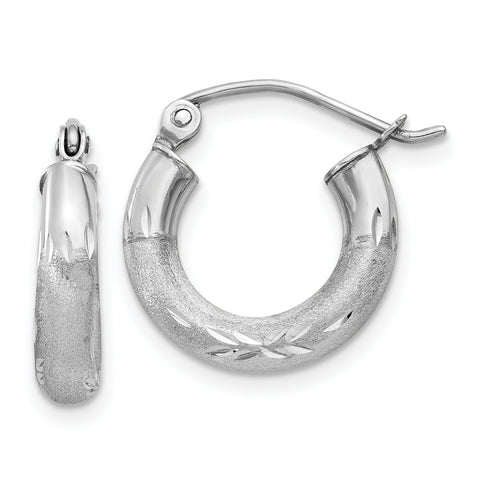 14k White Gold Satin & Diamond-cut 3mm Round Hoop Earrings TC280 - shirin-diamonds