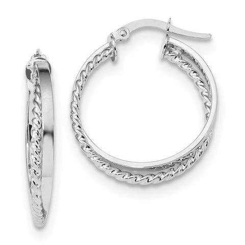 14K White Gold Polished & Textured Hinged Hoop Earrings TF1101W - shirin-diamonds