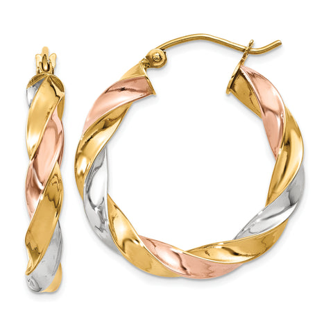 14k Tricolor Light Twisted Hoop Earrings TF653 - shirin-diamonds