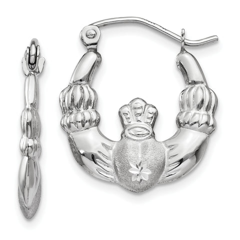 14k White Gold Satin and Diamond-cut Claddagh Hoop Earrings TH800 - shirin-diamonds