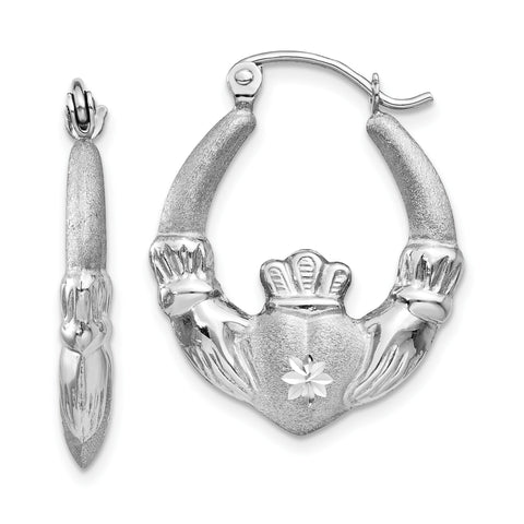 14k White Gold Satin and Diamond-cut Claddagh Hoop Earrings TH801 - shirin-diamonds