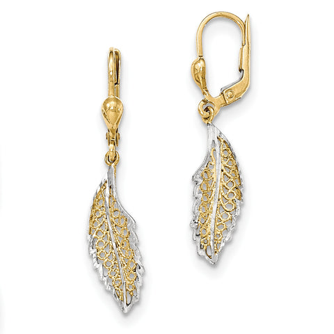 14K and Rhodium Polished and Textured Leaf Leverback Earrings TH915 - shirin-diamonds