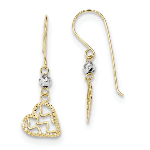 14k Polished Satin and D/C Heart Dangle Shepherd Hook Earrings TH974 - shirin-diamonds