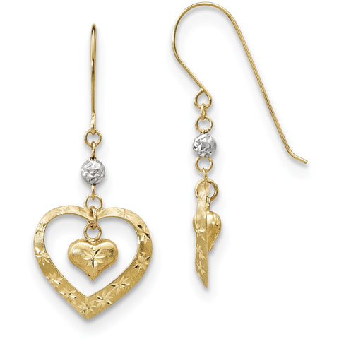14k Two-tone Satin D/C Heart Dangle Shepherd Hook Earrings TH975 - shirin-diamonds