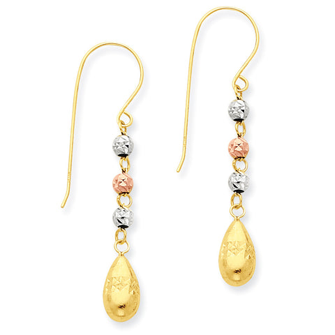 14k Tri-color Puff Teardrop & Bead Dangle Earrings TL537 - shirin-diamonds