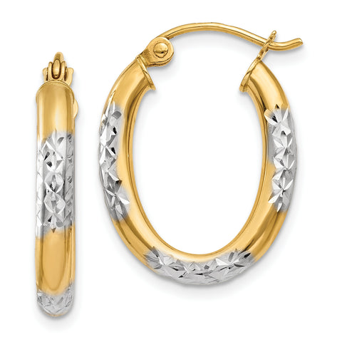 14K & Rhodium 3mm Diamond Cut Oval Hollow Hoop Earrings TL659 - shirin-diamonds
