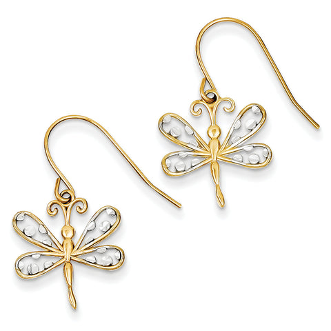 14k & Rhodium Diamond-cut Dragonfly Shepherd Hook Earrings TM747 - shirin-diamonds