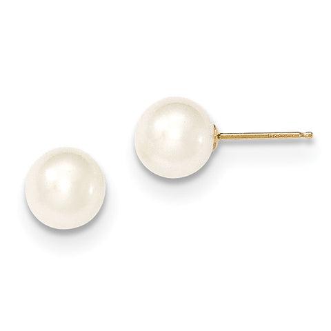 14k 7-8mm White Round FW Cultured Pearl Stud Earrings X70PW - shirin-diamonds