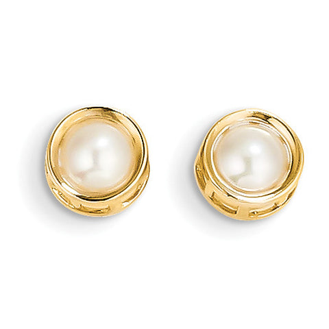 14k 5mm Bezel FW Cultured Pearl Stud Earrings XBE149 - shirin-diamonds