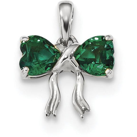 14k White Gold Polished Created Emerald Bow Pendant XBS566 - shirin-diamonds