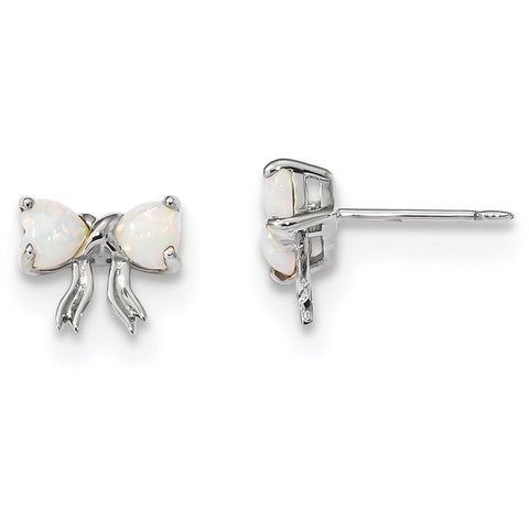 14k White Gold Polished Created Opal Bow Post Earrings XBS576 - shirin-diamonds