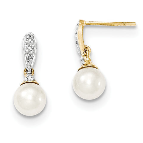 14k Diamond and 6-7mm Round FW Cultured Pearl Post Dangle Earrings XE2497AA - shirin-diamonds