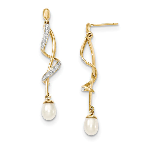 14k Diamond and 7x5mm Egg FW Cultured Pearl Post Dangle Earrings XE2514AA - shirin-diamonds
