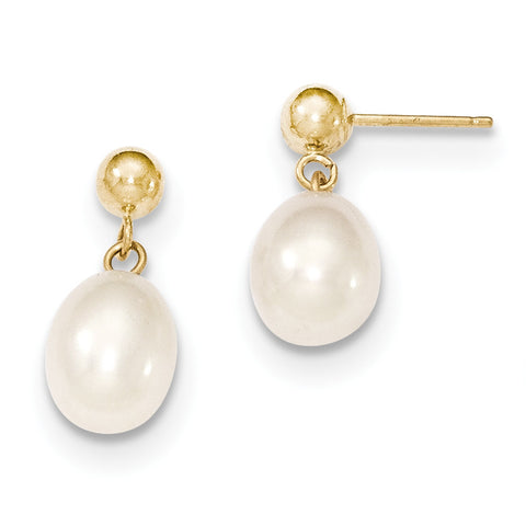 14k 7-8mm White FW Cultured Pearl Dangle Earrings XF251E - shirin-diamonds