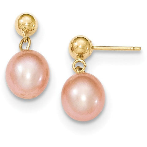 14k 7-8mm Pink FW Cultured Pearl Dangle Earrings XF261E - shirin-diamonds