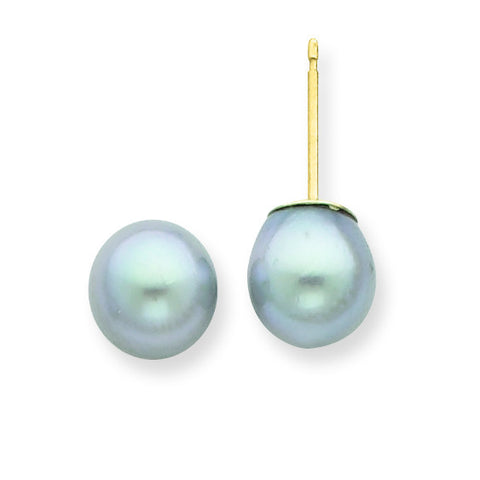 14k 7-8mm Round Grey Saltwater Akoya Cultured Pearl Stud Earrings XF291E - shirin-diamonds