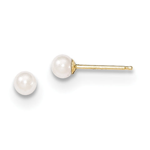 14k Gold 3-4mm Round White Saltwater Akoya Cultured Pearl Post Earrings XF490E - shirin-diamonds